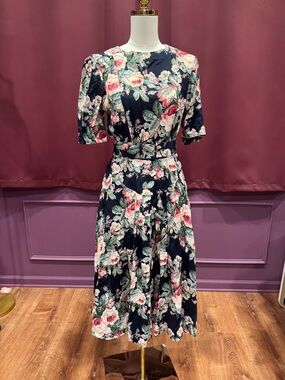 Vintage E.D. Michaels Navy Floral Belted Midi Dress with Pink and Cream Roses